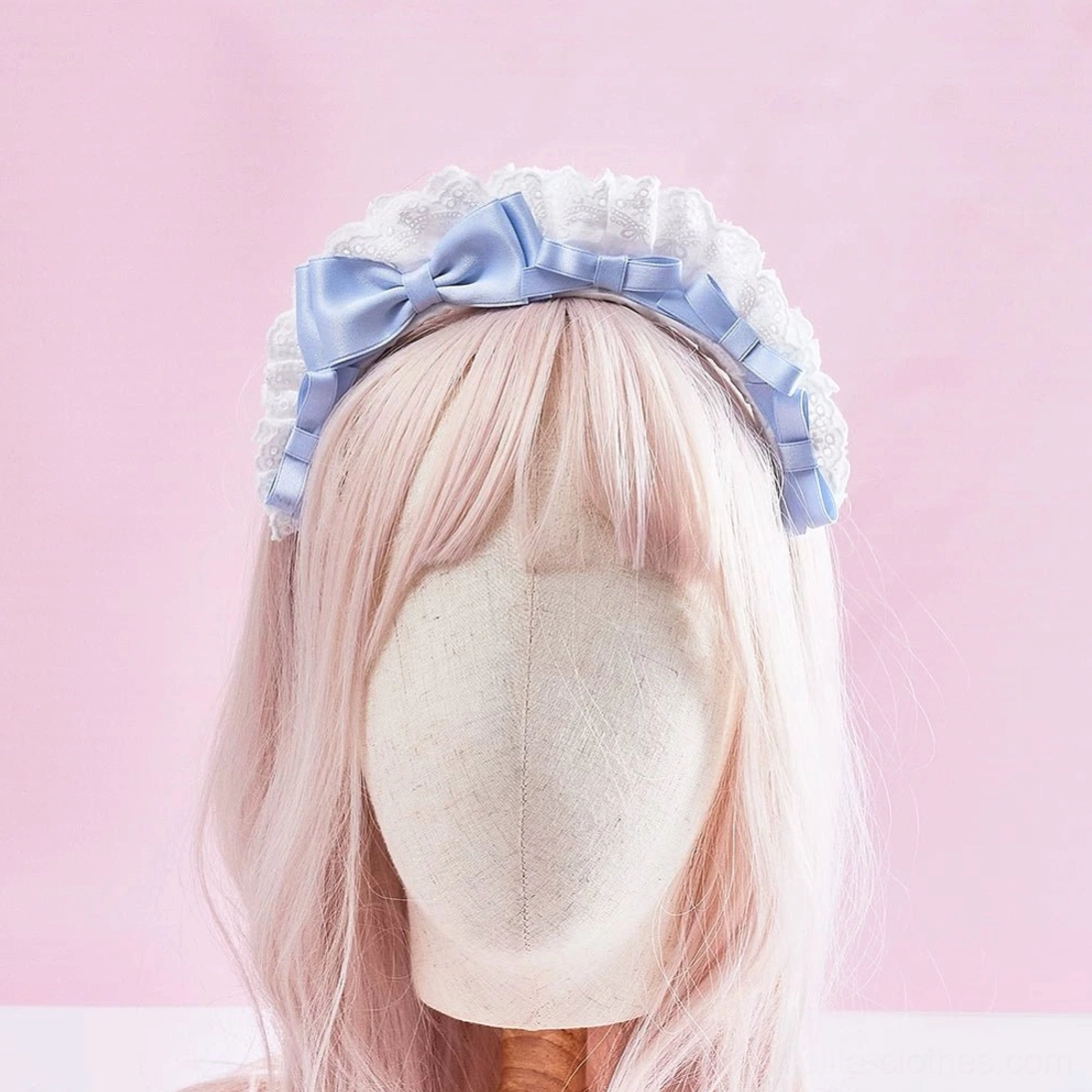 Milk blue lolita lace KC headband product display featuring soft blue satin bows and intricate white cotton lace trim for sweet and hime lolita styles