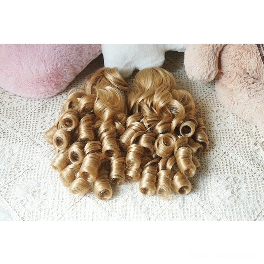 Milk tea blonde Lolita bob wig with detachable spiral ringlet ponytails shown on mannequin with plush warm background