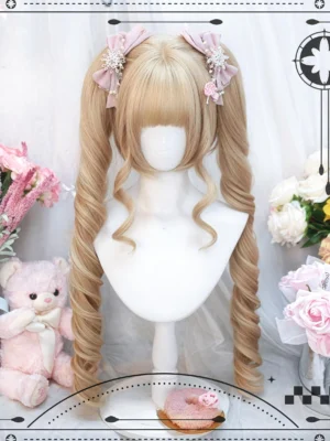 Milk Tea Blonde Daily Lolita twin tails wig with Roman rolls front view on mannequin display, showcasing blunt bangs, long spiral ponytails, and pink bow hair accessories in pastel cute background setting