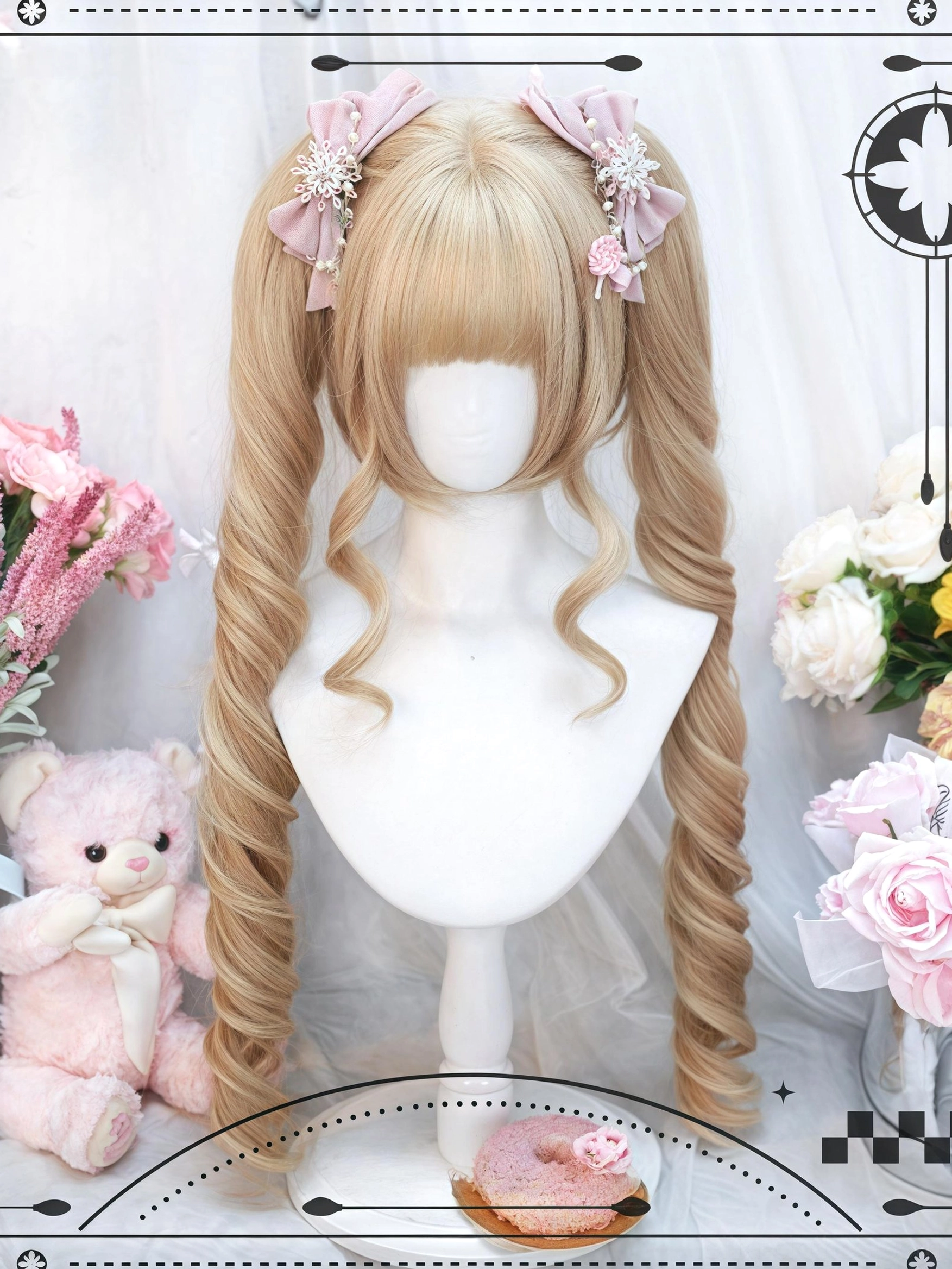Milk Tea Blonde Daily Lolita twin tails wig with Roman rolls front view on mannequin display, showcasing blunt bangs, long spiral ponytails, and pink bow hair accessories in pastel cute background setting
