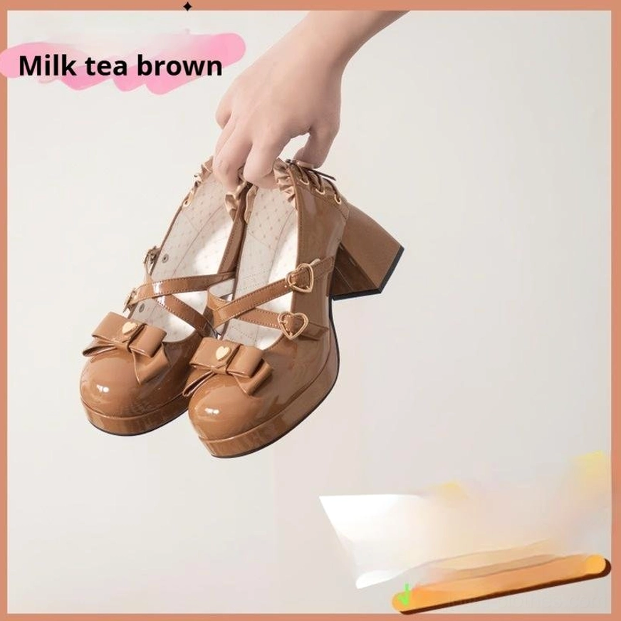 milk-tea-brown-lolita-high-heel-shoes-patent-leather-dual-front-bows-cross-heart-buckle-straps-platform-heels