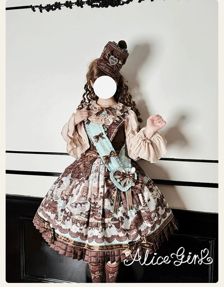 Chocolate-themed kawaii lolita blouse milk tea beige color oversized sleeves front view fashion photography
