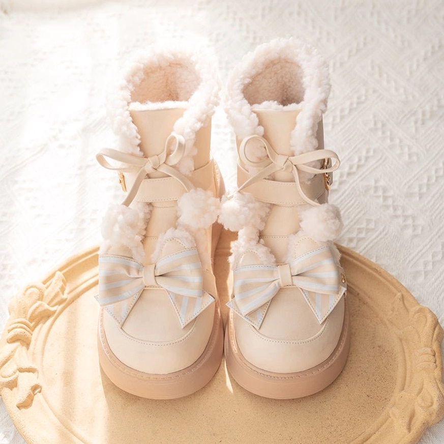 Milk tea color fleece-lined winter lolita snow boots soft neutral hue fuzzy collar striped bow warm cozy alternative
