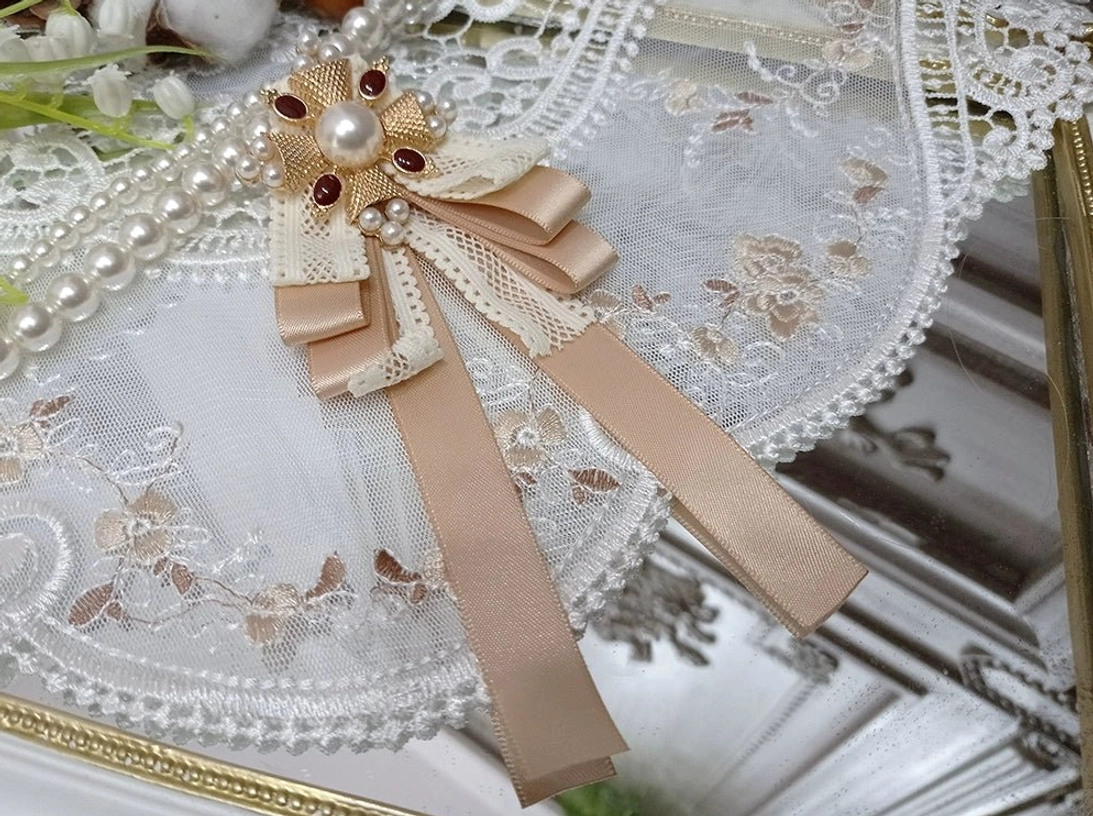 milk-tea-color-lolita-cross-brooch-ornate-metalwork-artificial-pearls-faceted-gemstones-gothic-lolita-accessory-burgundy-coordinate