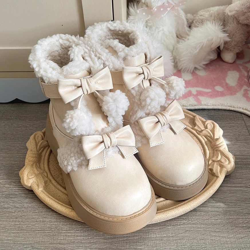 Milk tea color lolita snow boots variant with shearling trim bow accents sweet lolita aesthetic