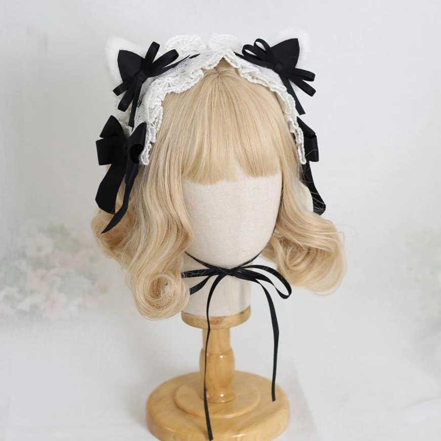 milk white cat ear lolita headband with delicate white lace trim and adjustable chin strap front display