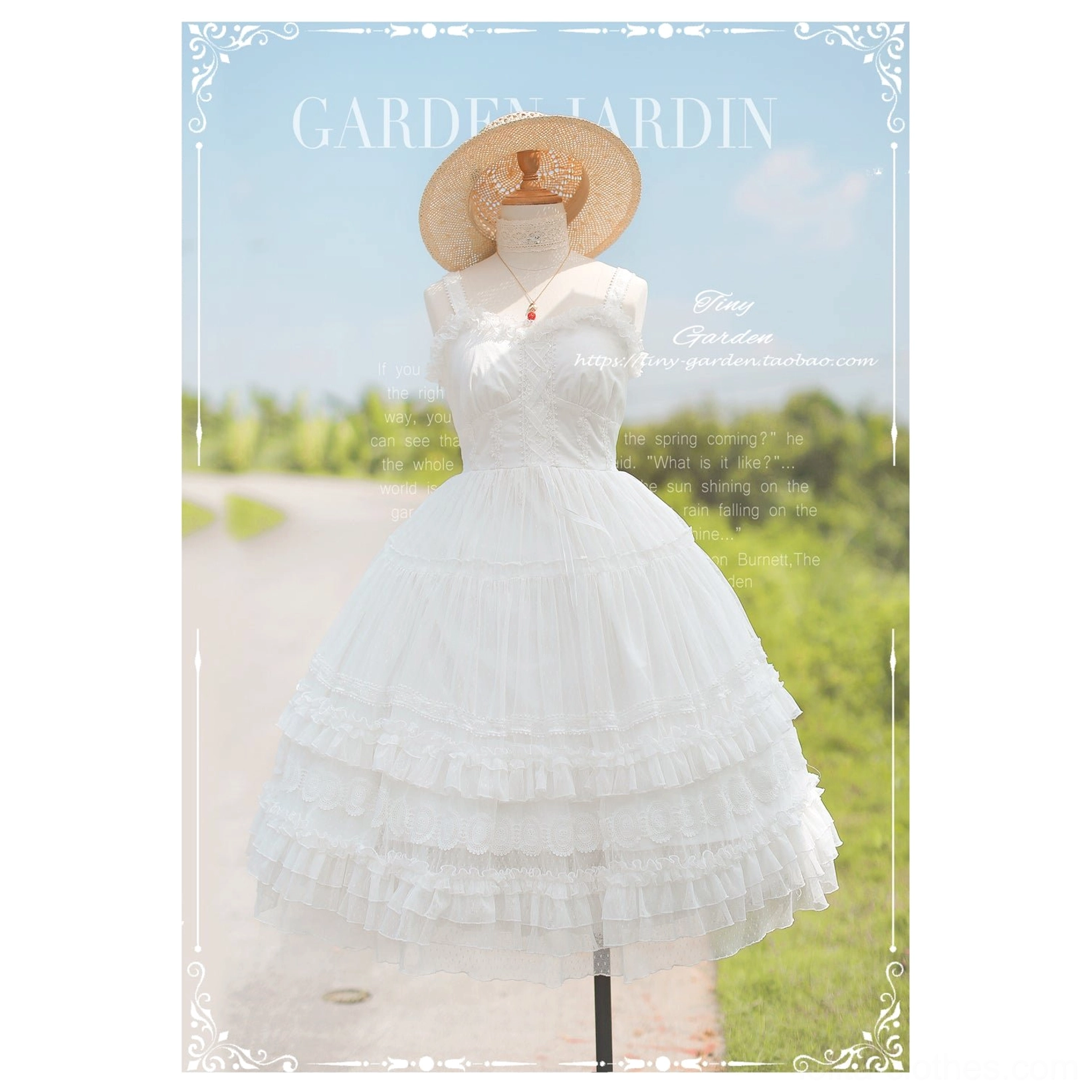 Pure white milk white dot yarn lolita JSK dress with voluminous tiered tulle skirt elegant minimalist design sweetheart neckline and spaghetti straps, mannequin styling in outdoor countryside scenic backdrop
