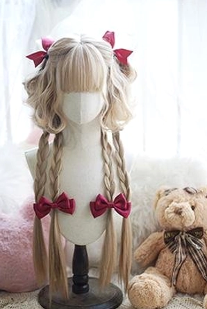 Milk white jellyfish curly lolita wig with ethereal appearance, long braids and burgundy velvet accents for angelic styling