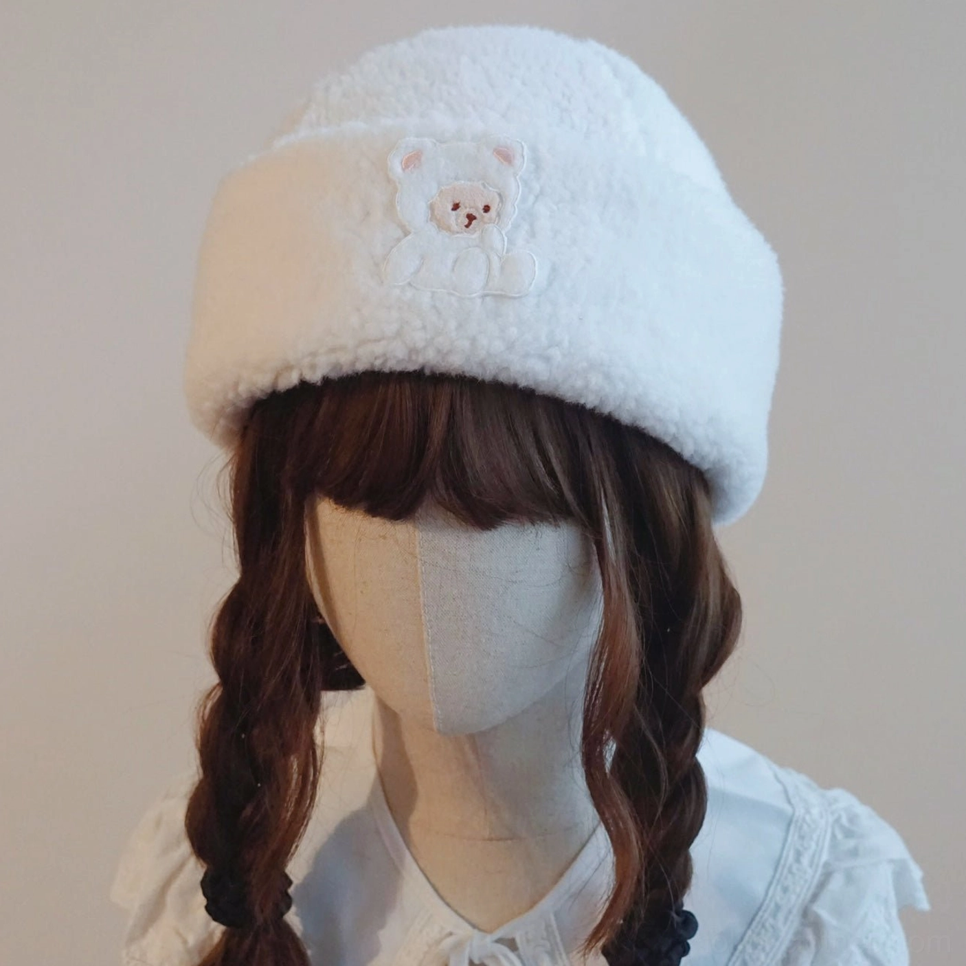 Milk white sherpa fleece landlord beanie with embroidered bear pattern lolita winter headwear