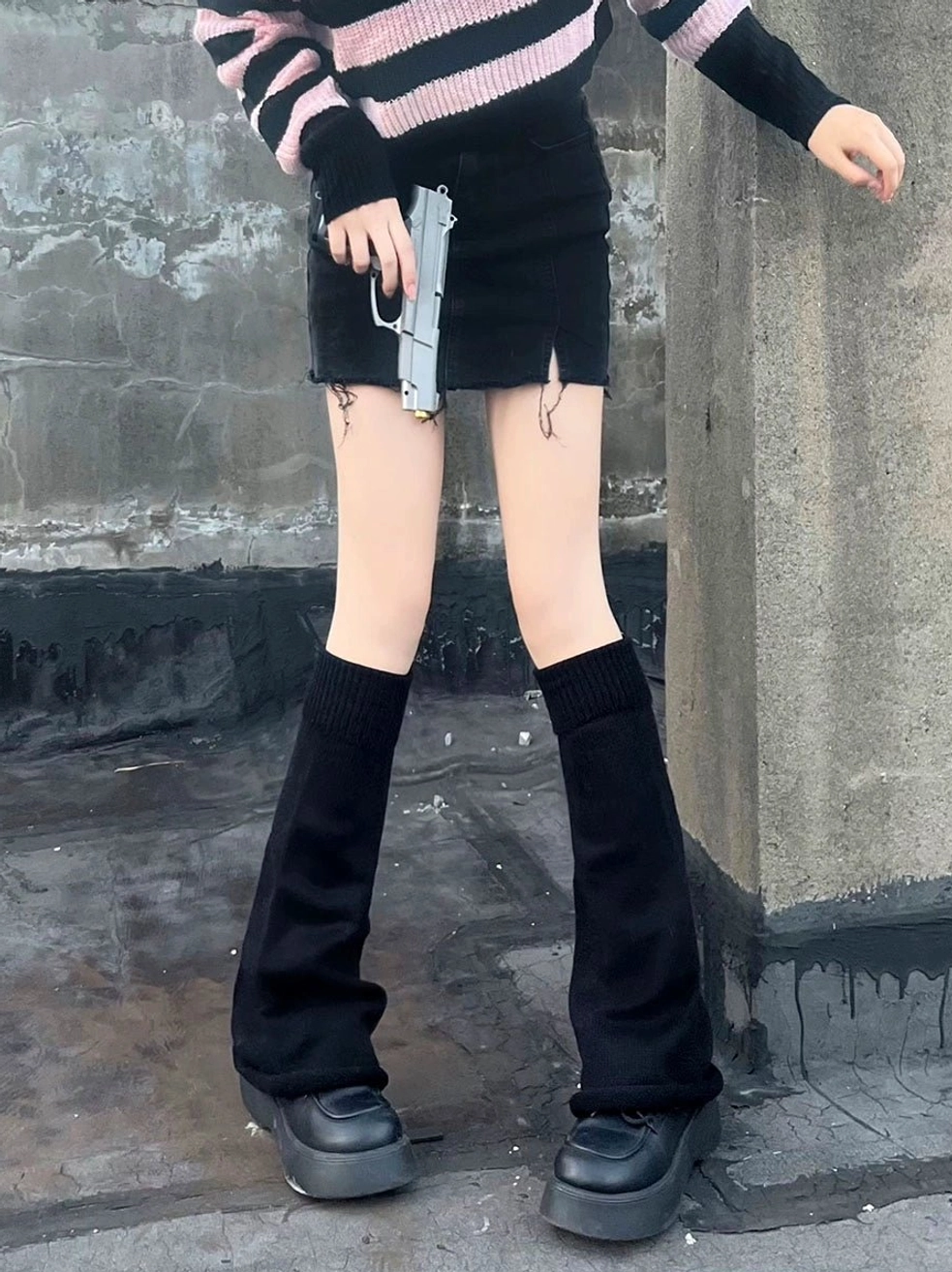 Milk white lolita leg warmers with elastic band roll rim mid-calf ribbed knit sweet lolita style