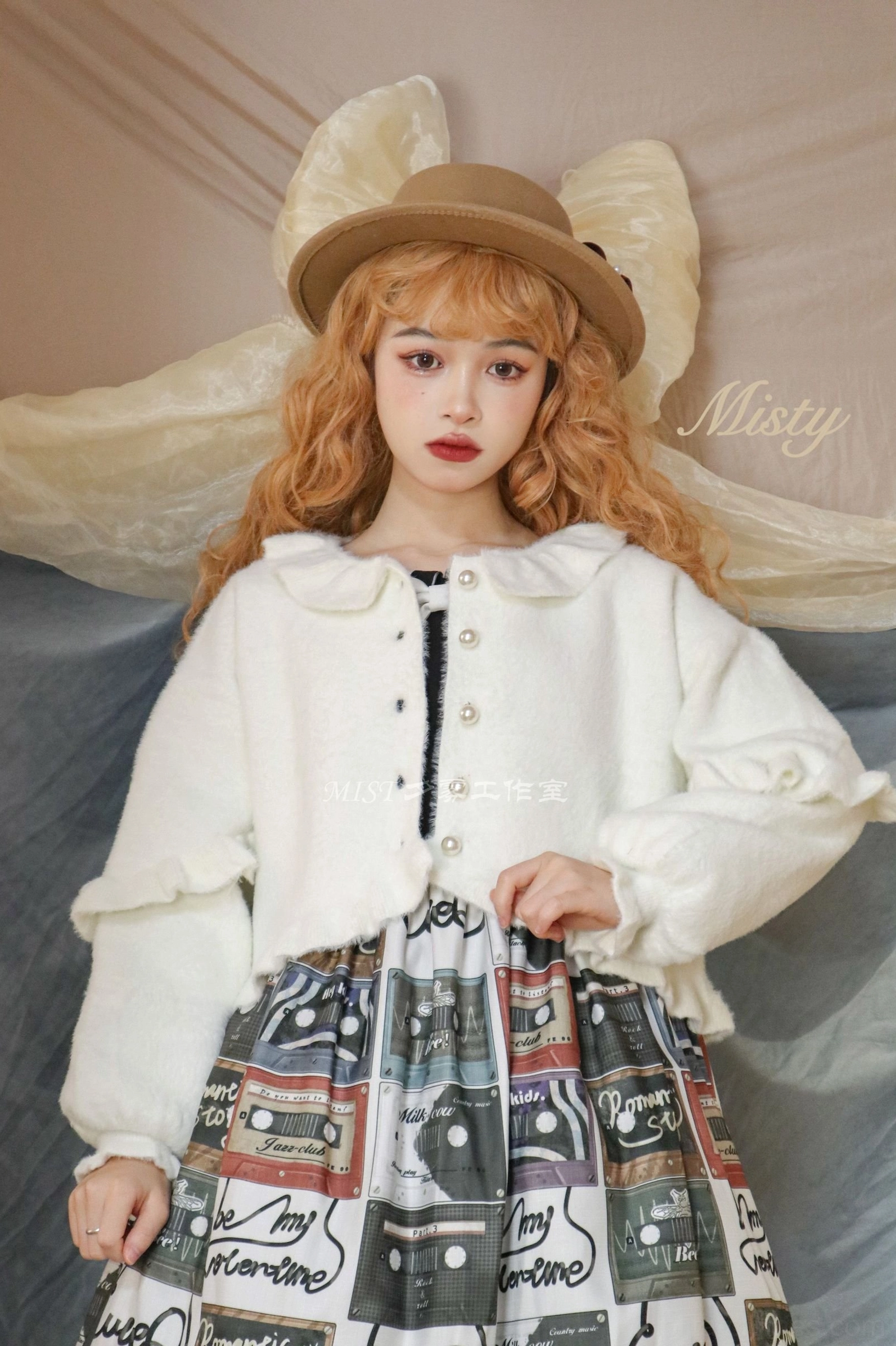 Milk white sweet lolita fuzzy cardigan full view puff sleeves doll collar pearl buttons front styling