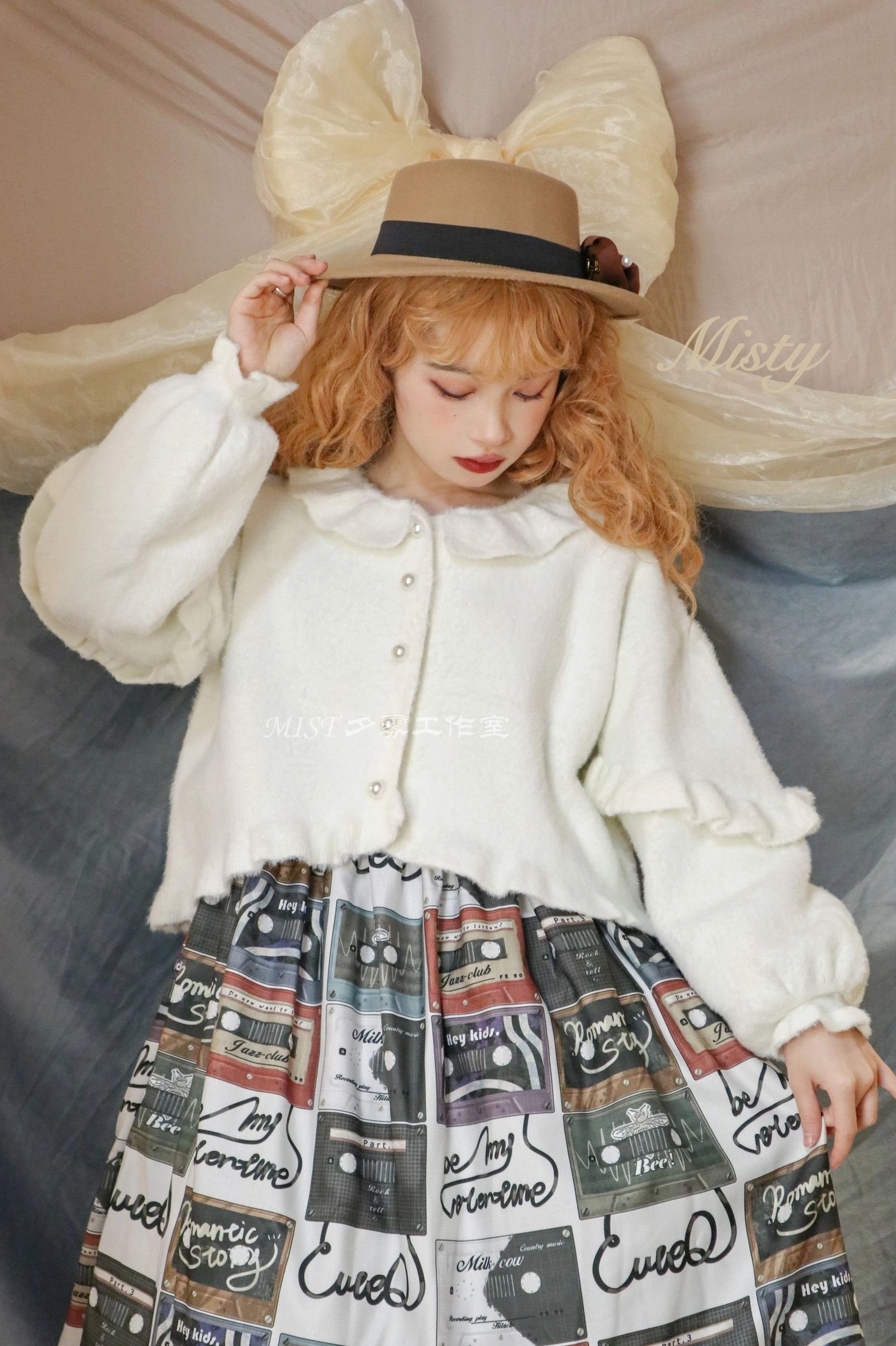 Milk white sweet lolita fuzzy cardigan puff sleeves ruffled cuffs pearl button placket detail styling front view