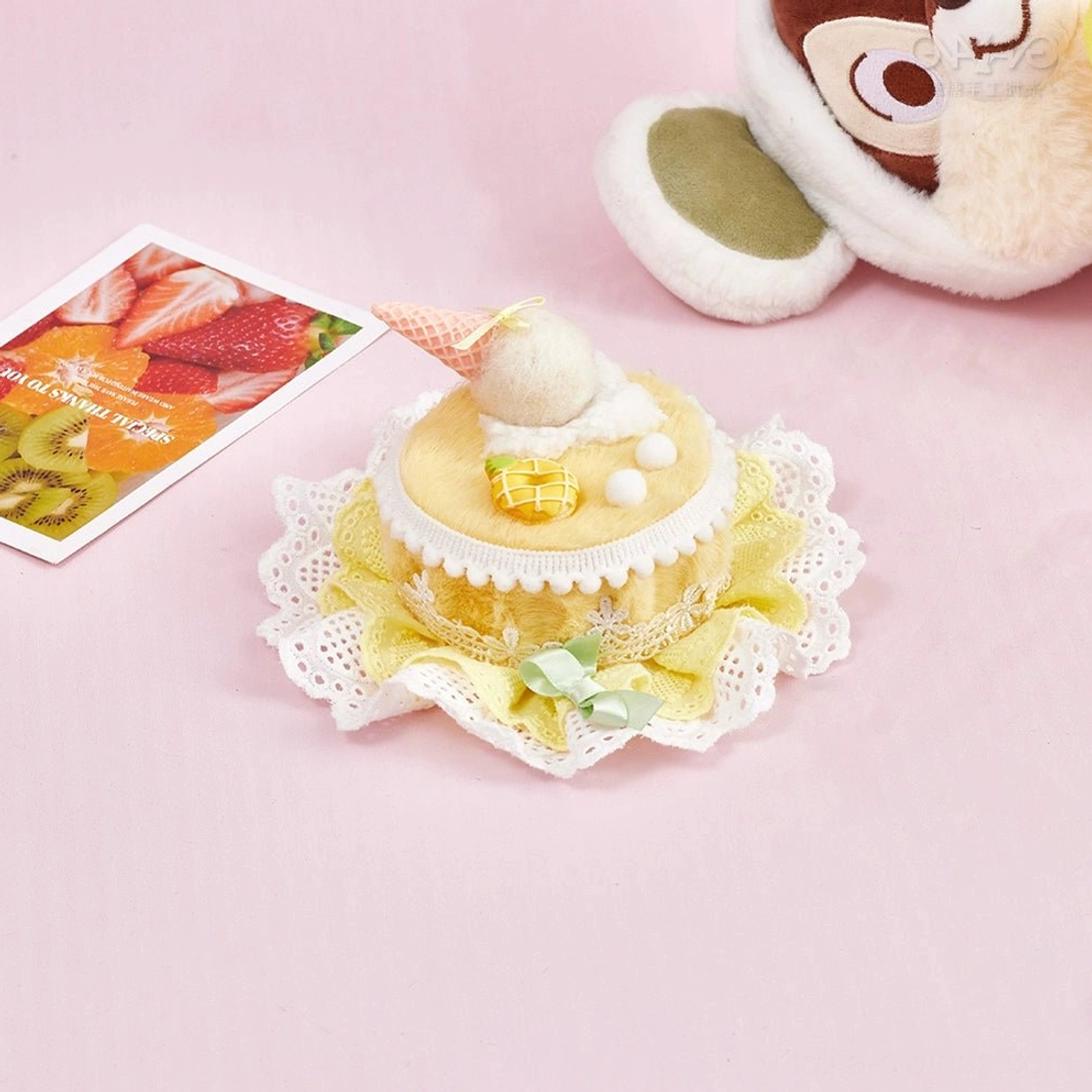 Milk yellow cake top clip sweet Lolita hair accessory with creamy yellow fabric lace trim and dessert topper decorations