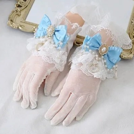 Milky blue satin bow vintage lolita lace gloves with gem accent white ruffled cuffs soft aesthetic pearl heart charms