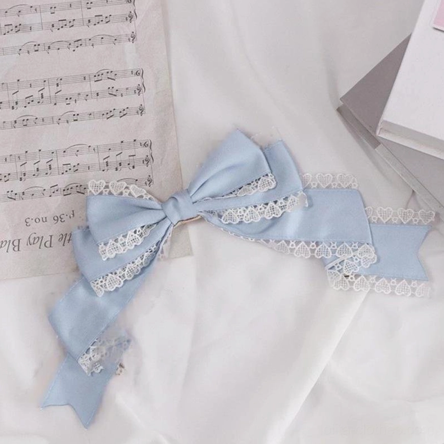Milky blue sweet lolita oversized bow headdress with delicate lace trim styling display