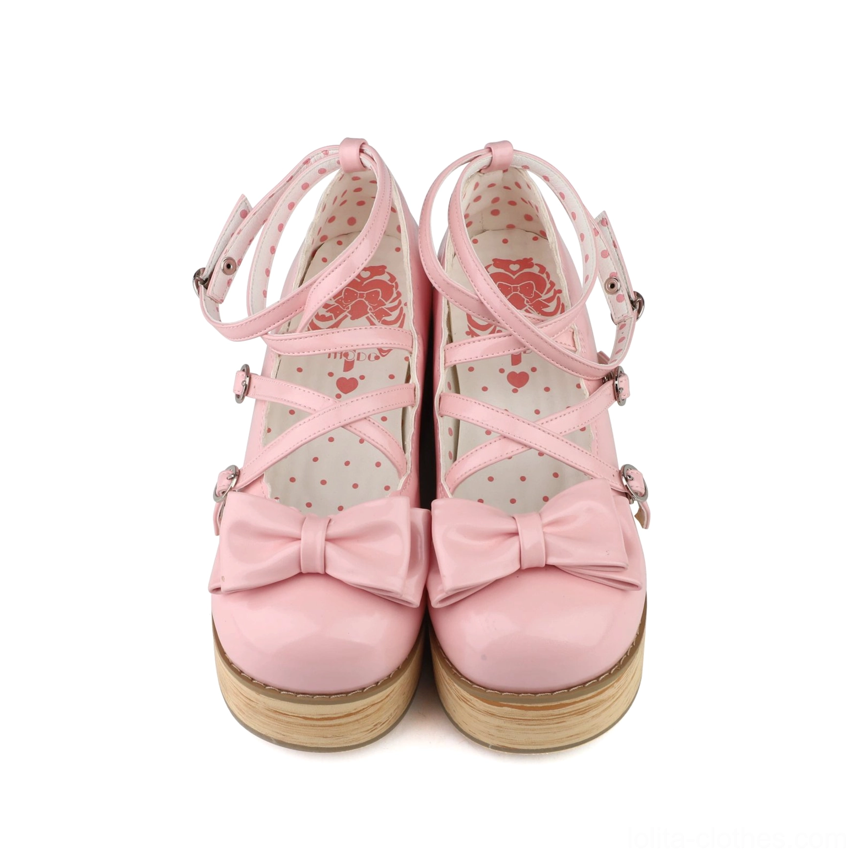 Milky blue sweet lolita platform shoes product photography metallic finish round closed toe ankle bow strap buckle adjustable mechanism thick platform heel detail