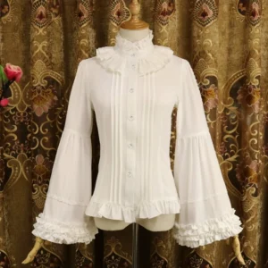 Milky white classic Lolita blouse with adjustable Hime sleeves displayed on dress form front view, featuring ruffled stand collar, crystal decorative buttons, and layered ruffled hem against vintage curtain backdrop
