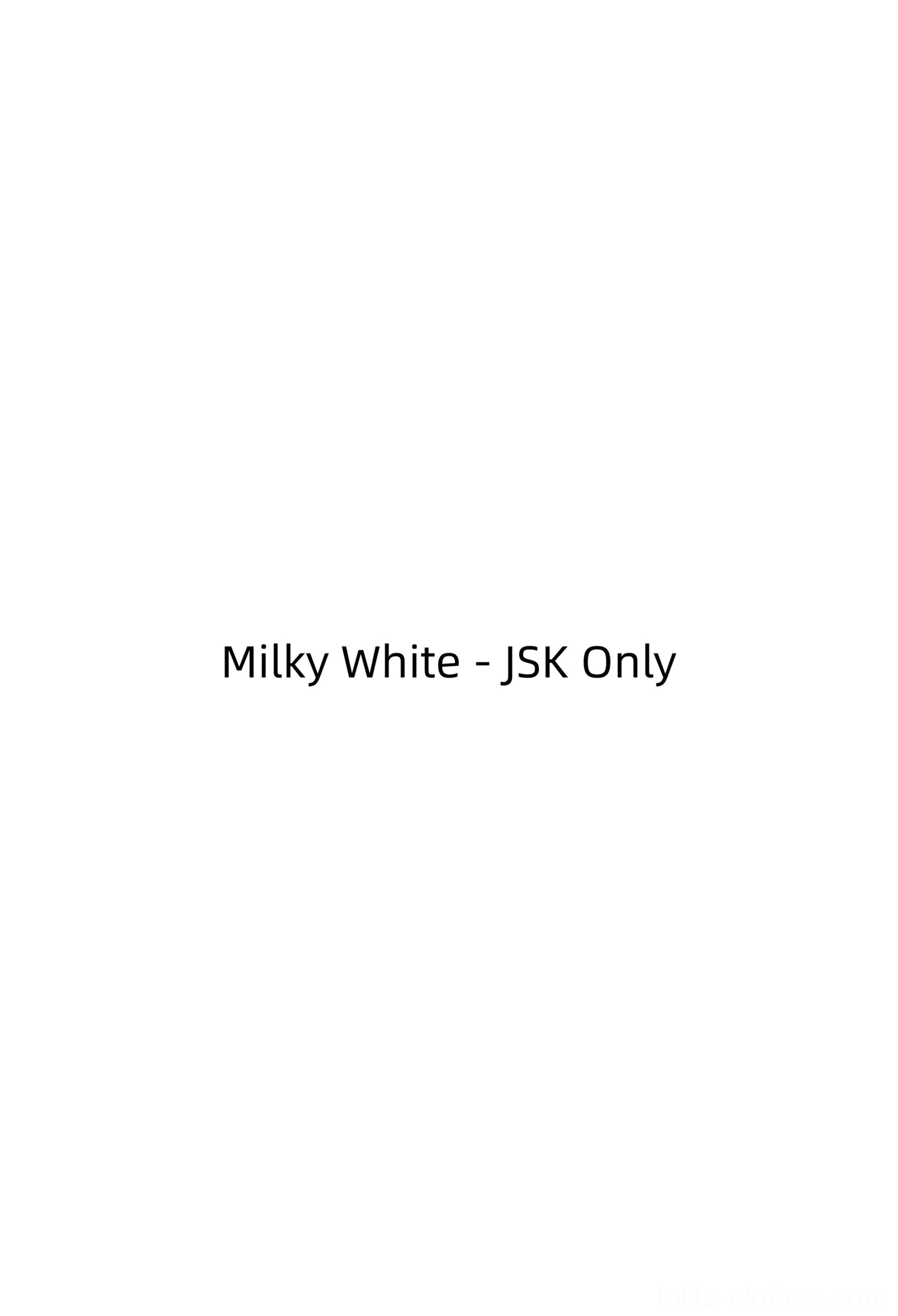 Milky white classic lolita JSK dress with white lace trim and matching coordinating elements - showcasing fresh, pure aesthetic and quality lace yoke construction