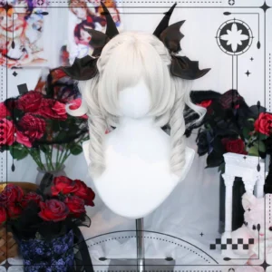 Milky white detachable double ponytail curly lolita wig with black bat hair accessories, wispy bangs, spiral curls displayed on white mannequin head with gothic rose decorations and anime poster background