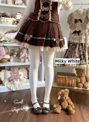 Milky white fleece-lined lolita tights full lower-body view with brown bow loafers and brown striped lolita dress in vintage shop setting