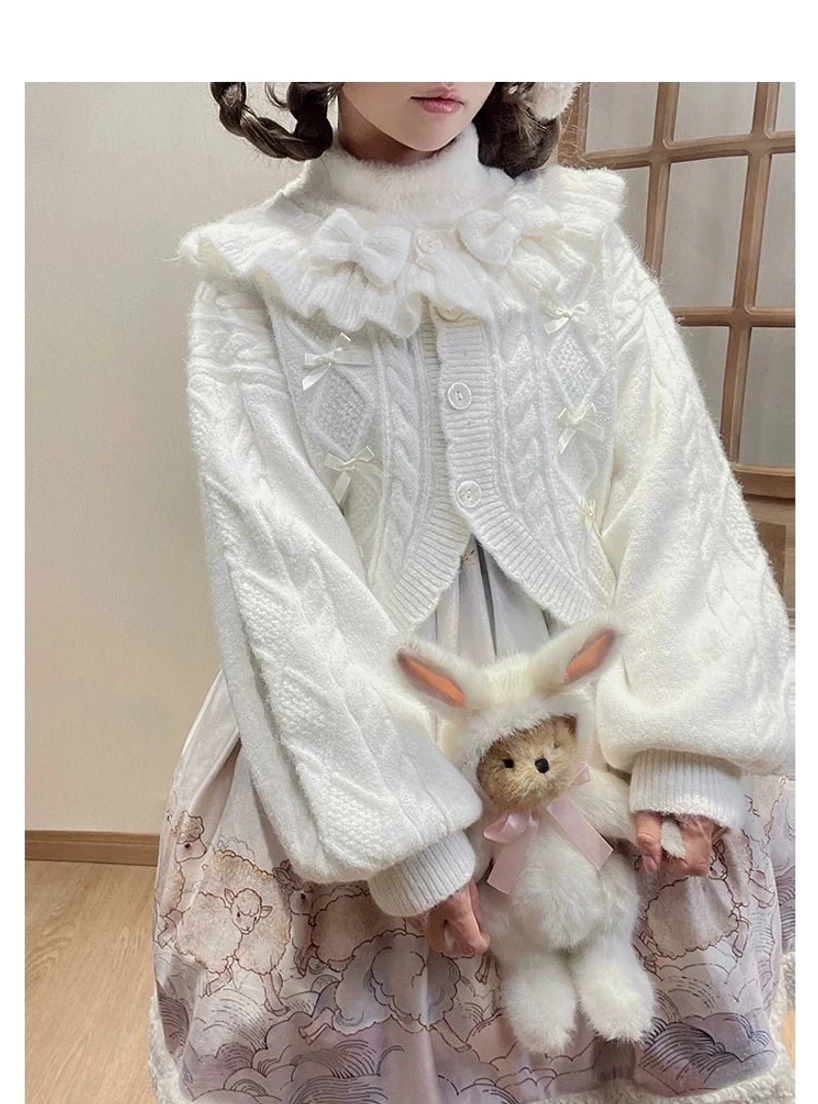 Milky White Lolita Ruffle Cardigan Front Close-up Flower-Shaped Bow Ruffled Collar Cable Knit Lantern Sleeves