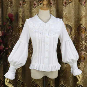 Milky white classic Lolita Peter Pan collar blouse with double-layer ruffled collar and delicate lace detailing, front full view on dress form