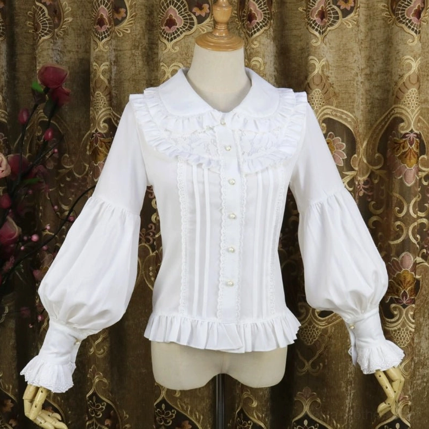 Milky white classic Lolita Peter Pan collar blouse with double-layer ruffled collar and delicate lace detailing, front full view on dress form
