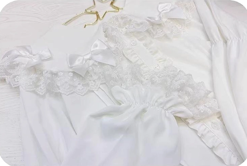 Milky white Peter Pan collar sweet Lolita blouse with ruffled hem and lace details product showcase