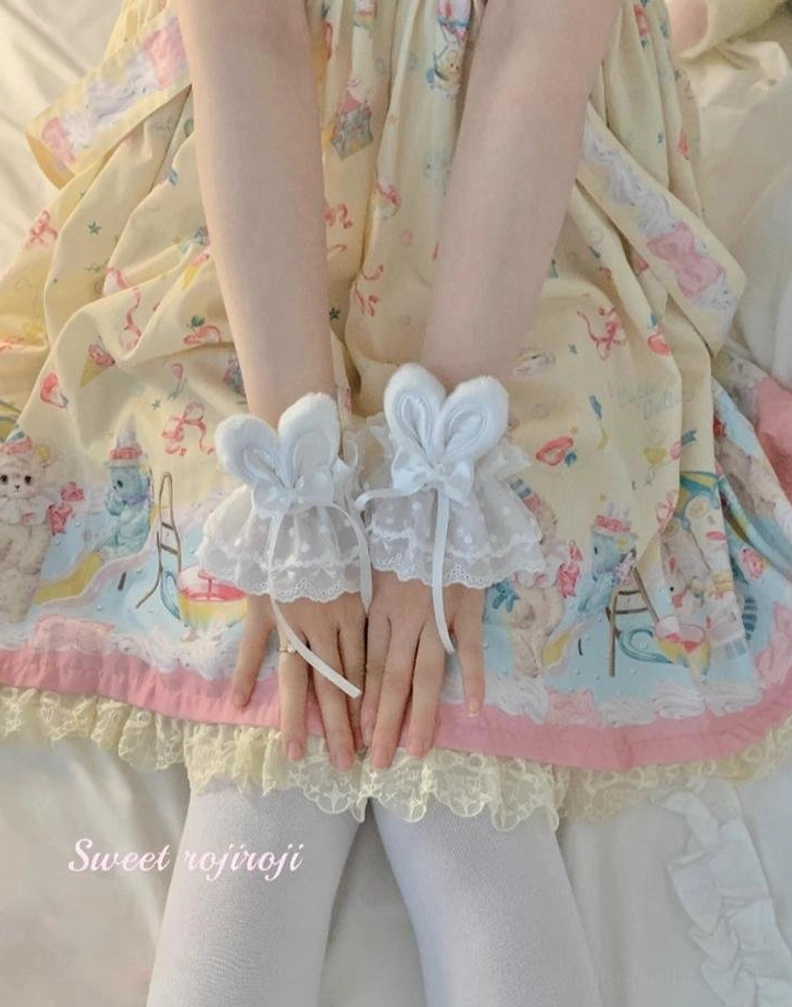 Milky white rabbit ear lace wrist cuffs back view worn with Lolita dress and white tights minimalist design