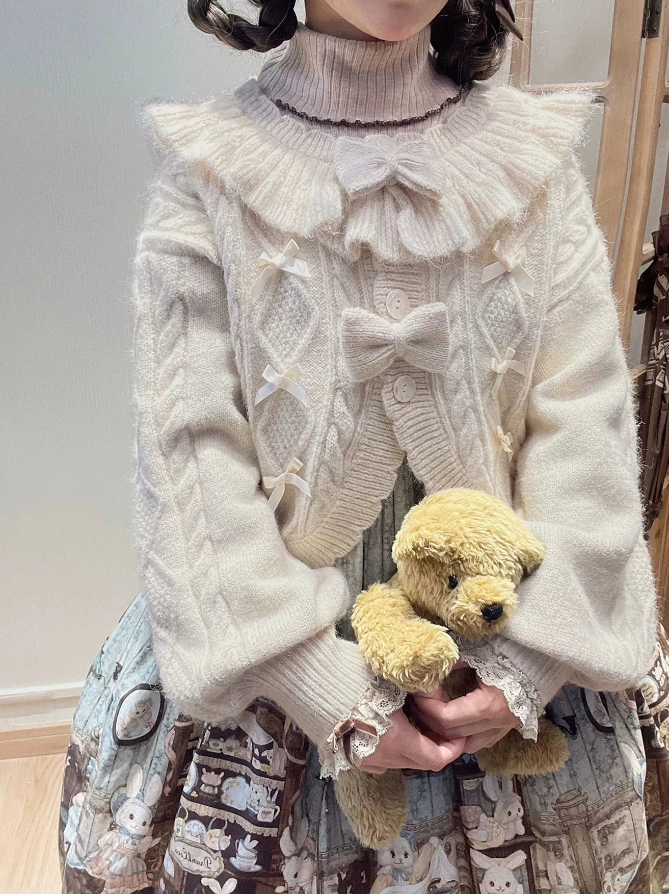 Milky White Sweet Lolita Ruffle Cardigan High Stand Collar Large Central Bow Lantern Sleeves Scalloped Hem