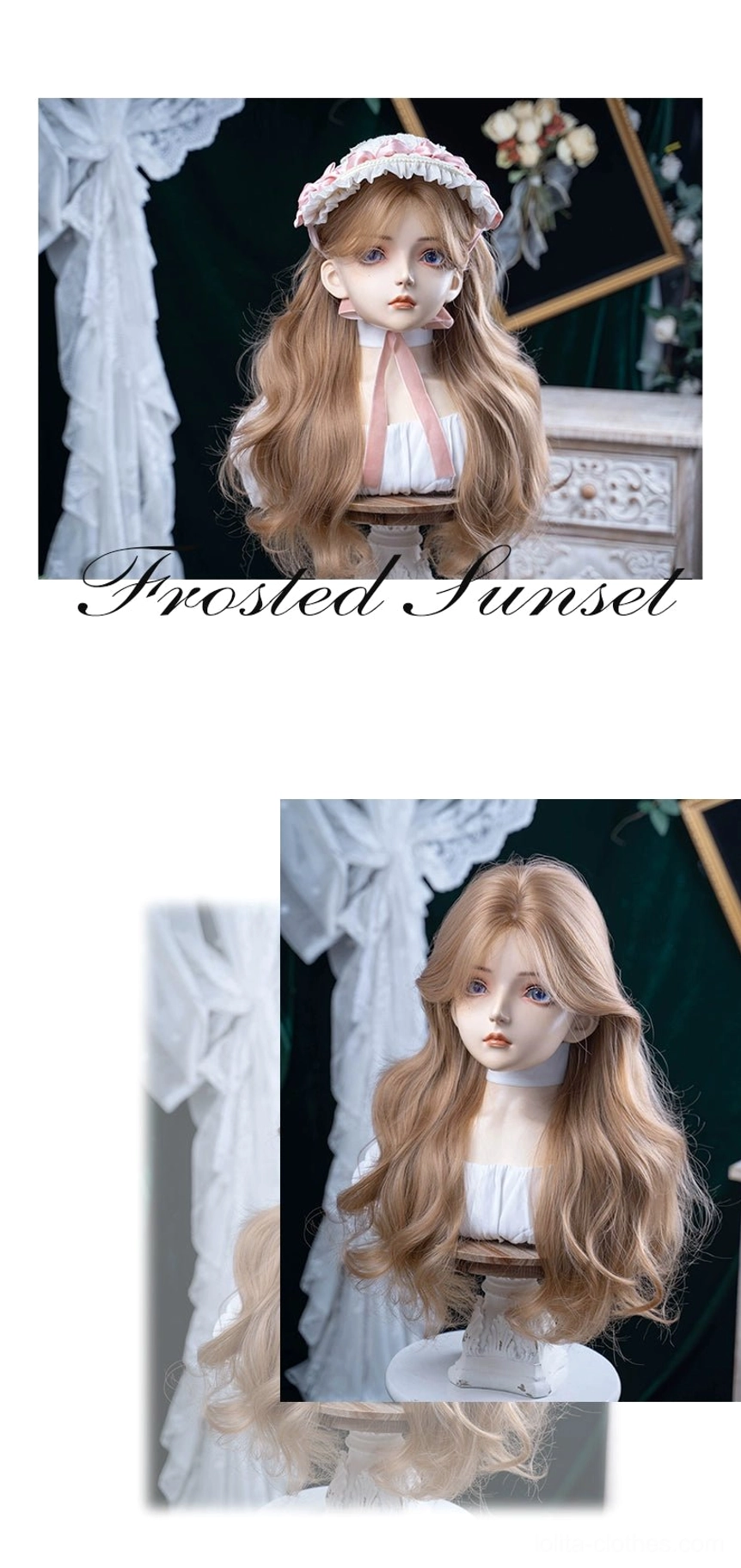 Miniature blonde wavy lolita doll wig frosted sunset frontal and side view vintage lace indoor background supplementary product shots