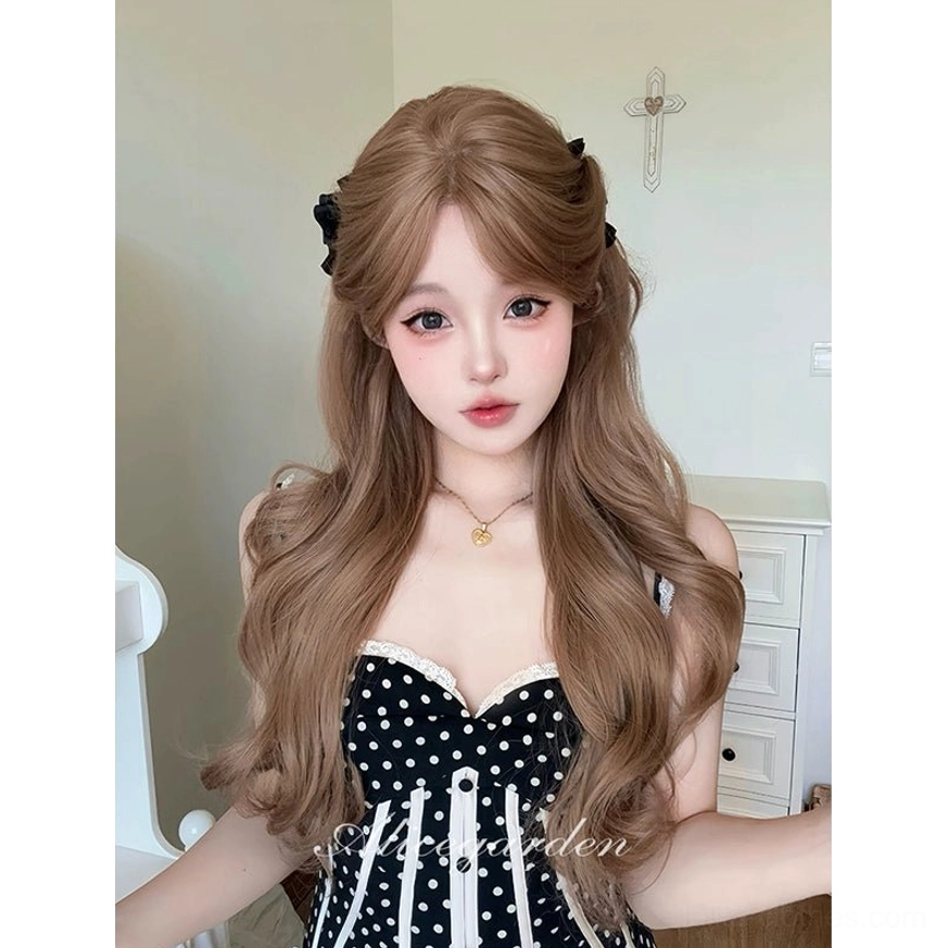 Mini long wavy blonde lolita doll wig frontal close-up caramel blonde loose waves pink ribbon neck accessory frilly lace bonnet BJD doll