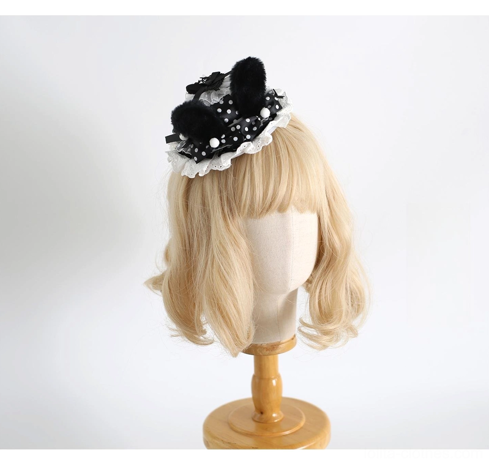 mini fluffy pom-pom lolita hair clip black fuzzy decorations lace ruffled base pearl bead accents
