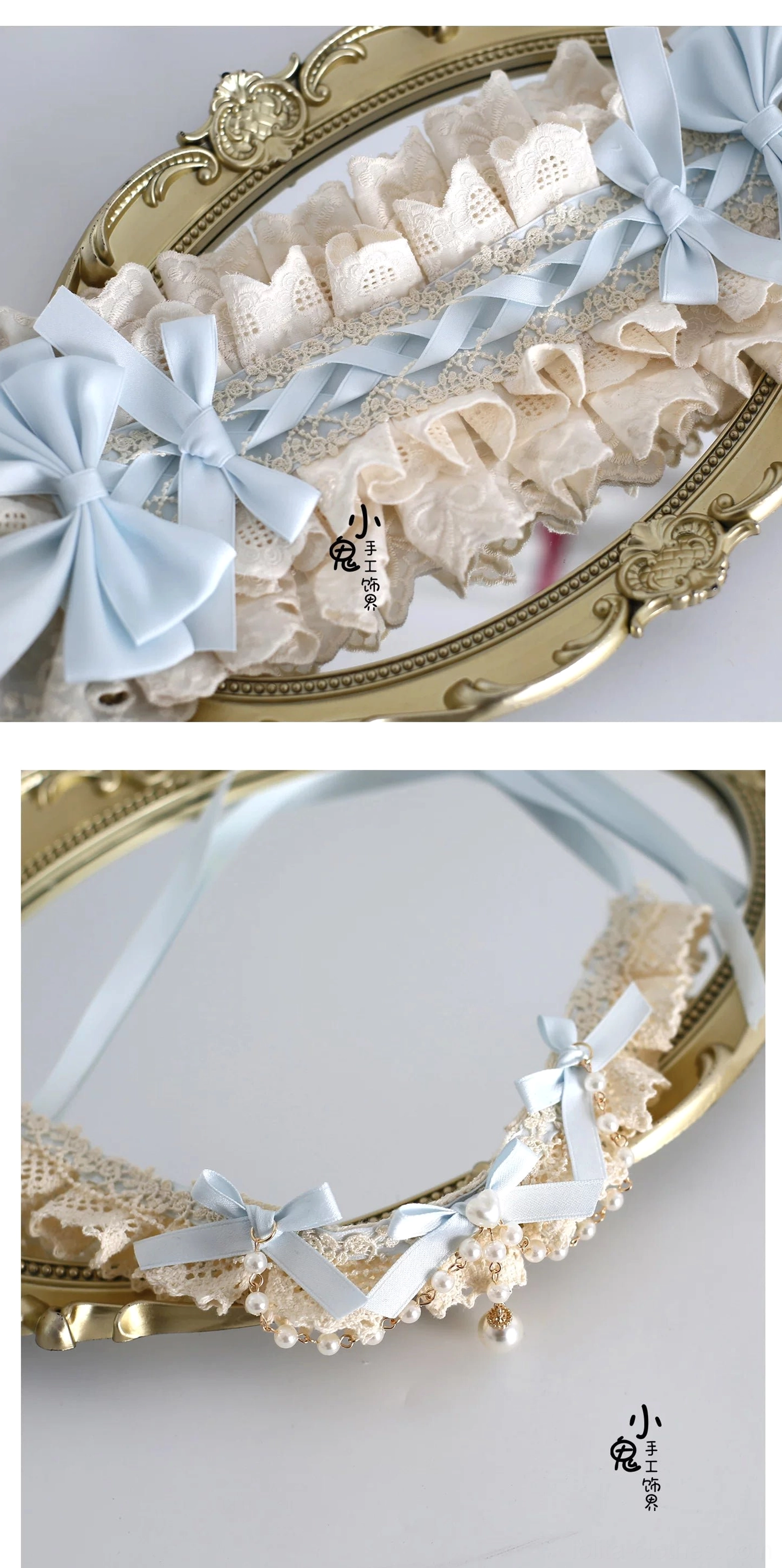 Mini hat lolita hair clip headdress on vintage gold tray showing detailed lace work sky blue bows and decorative elements