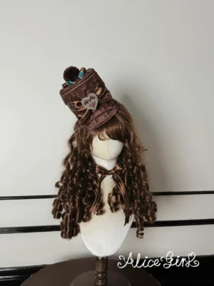 Chocolate brown mini top hat with neck bow lolita accessory set featuring heart-shaped brooch and satin ribbon