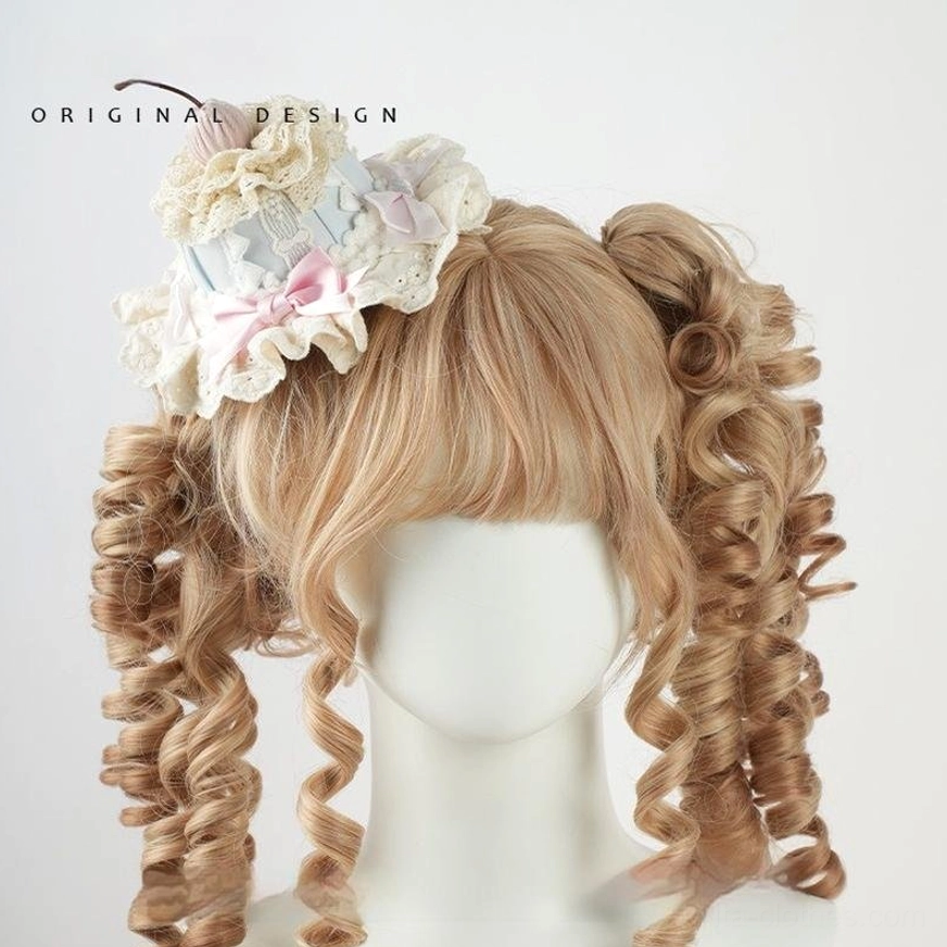 Mini top hat sweet lolita hair fascinator with cake-shaped light blue base, pink gingham accents, pink satin bow, ruffled lace collar, close-up frontal view on wig mannequin
