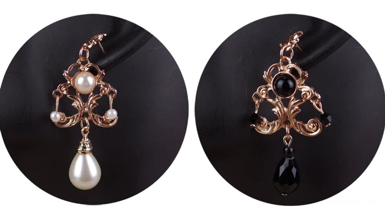 Mini vintage Baroque Lolita drop earrings showing white pearl and black crystal teardrop pendant style options