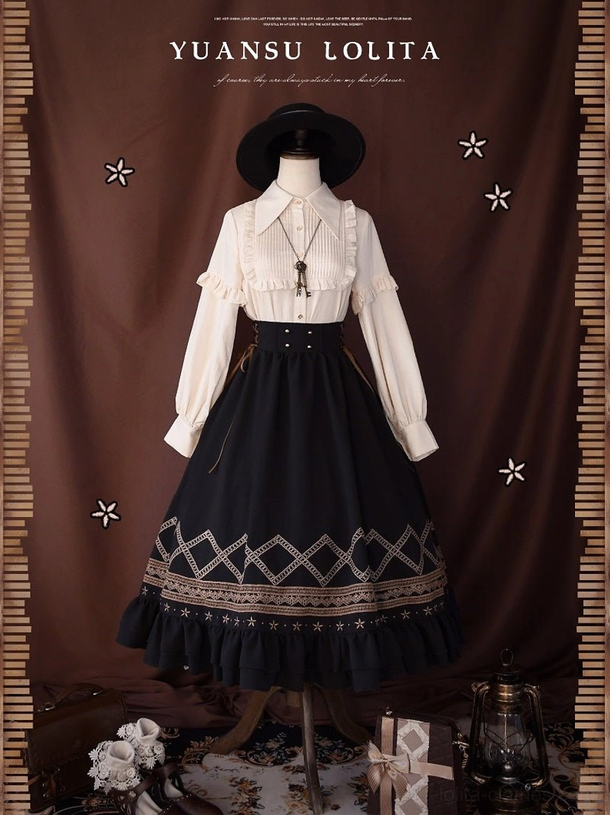 Elegant minimalist Lolita SK showing how solid color design complements various blouses and accessories in coordinates