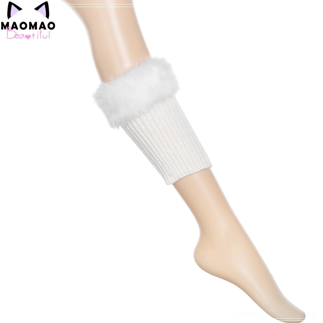 Minimalist fluffy cuff leg warmer side view on mannequin leg simple knitted tube faux fur top trim no extra ornaments casual daily wear style lolita accessory
