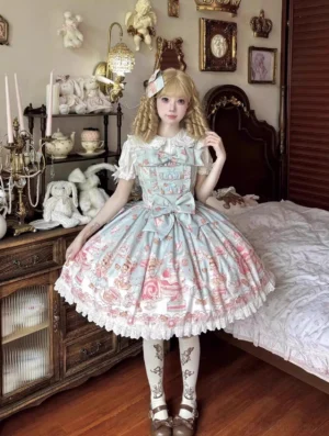 Mint blue Kawaii Lolita JSK dress with adorable bear and dessert print, featuring flutter sleeves, large ruffled puffed skirt, front waist bow, and matching printed thigh-high stockings, front three-quarter model view