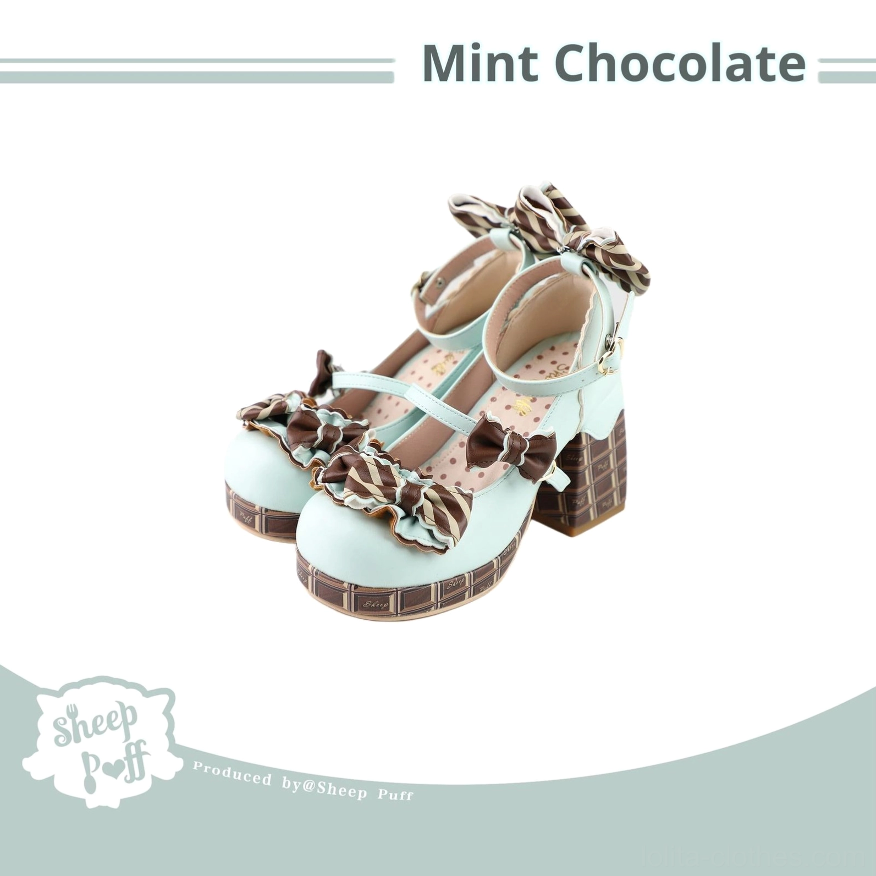 Mint chocolate lolita mary jane heels worn with classic lolita coordinates featuring petticoat and blouse pairing