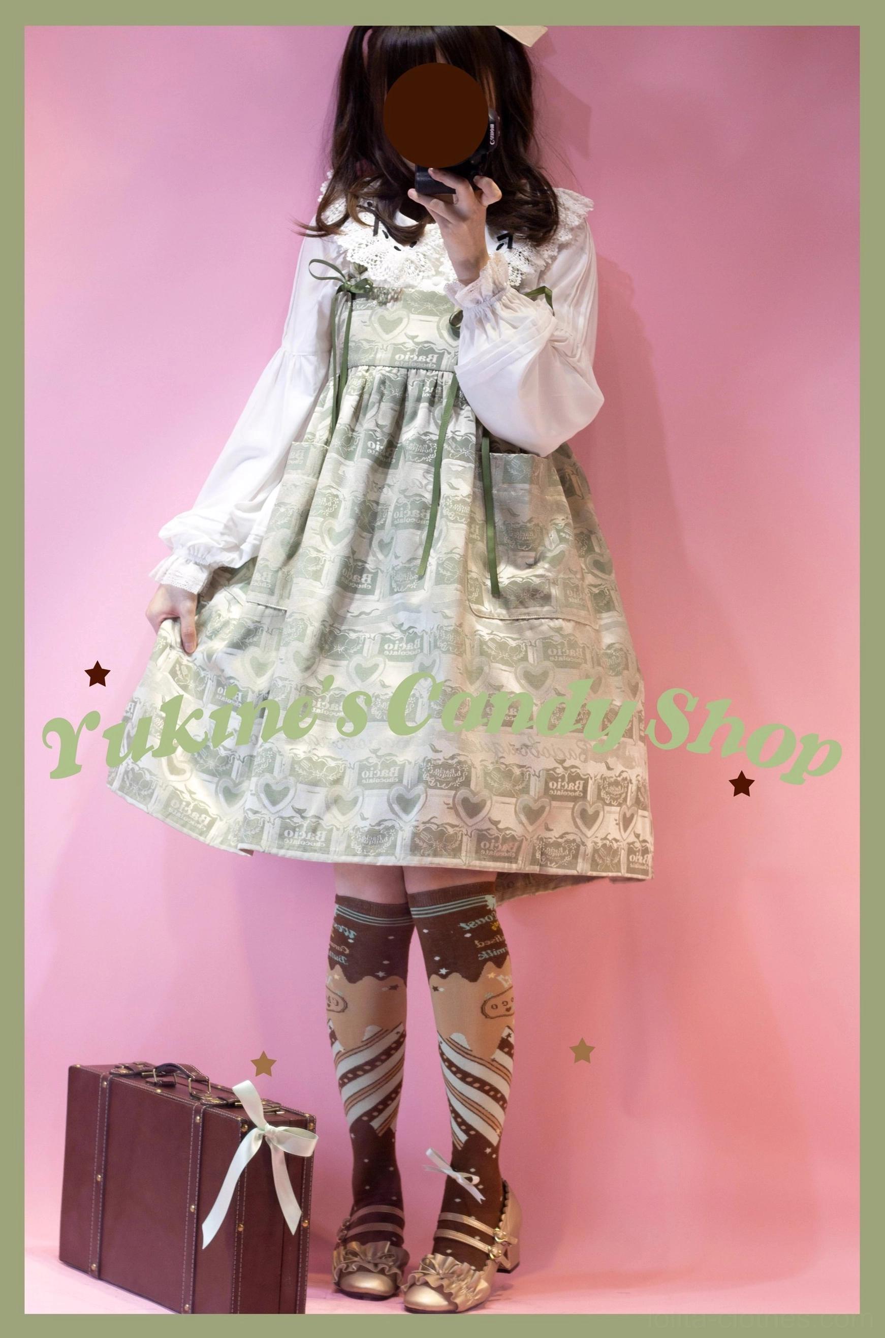 Mint-chocolate lolita socks coordinate with pastel JSK dress pink cardigan sweet lolita complete outfit styling
