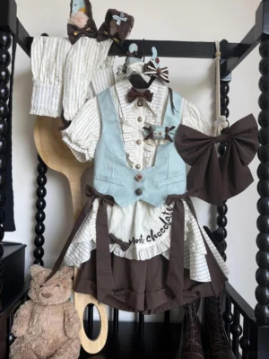 Flat lay overhead display of complete mint chocolate ouji lolita coordinate set showing striped blouse vest brown skirt accessories on clothing rack