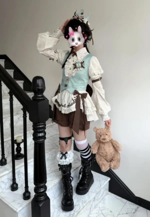 Mint chocolate ouji lolita skirt coordinate full-body front view worn by cosplayer with bunny ear accessories in home interior setting