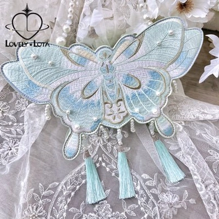 Mint color Chinese Qi Lolita butterfly bag with golden embroidery patterns and light cyan tassel pendants pearl beaded details