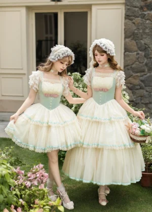 Mint garden classic lolita adjustable corset JSK dress front dual-model view outdoor tiered tulle hem cream pink