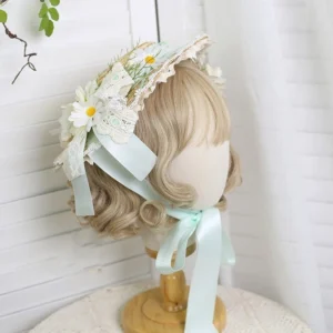 Mint green daisy lolita tea party straw hat three-quarter view showing delicate white lace trim and satin ribbon detail on wig mannequin