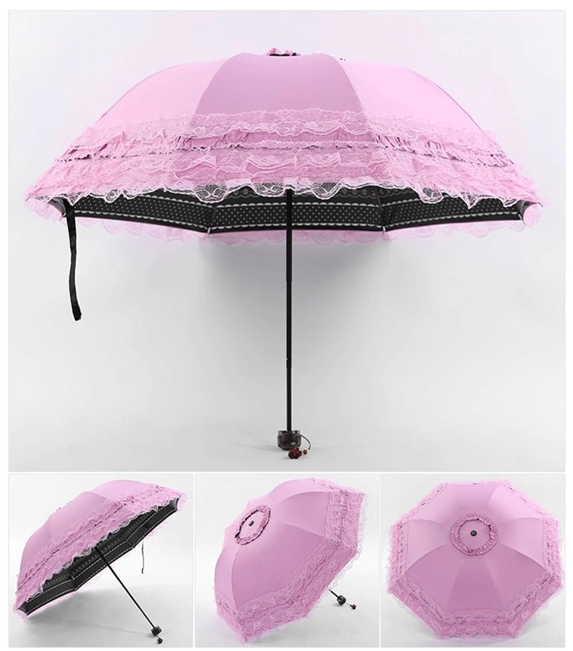 Mint green dandelion printed sun parasol inside-out view displaying black inner coated lining, oblique side perspective with scalloped lace trim and storage pouch