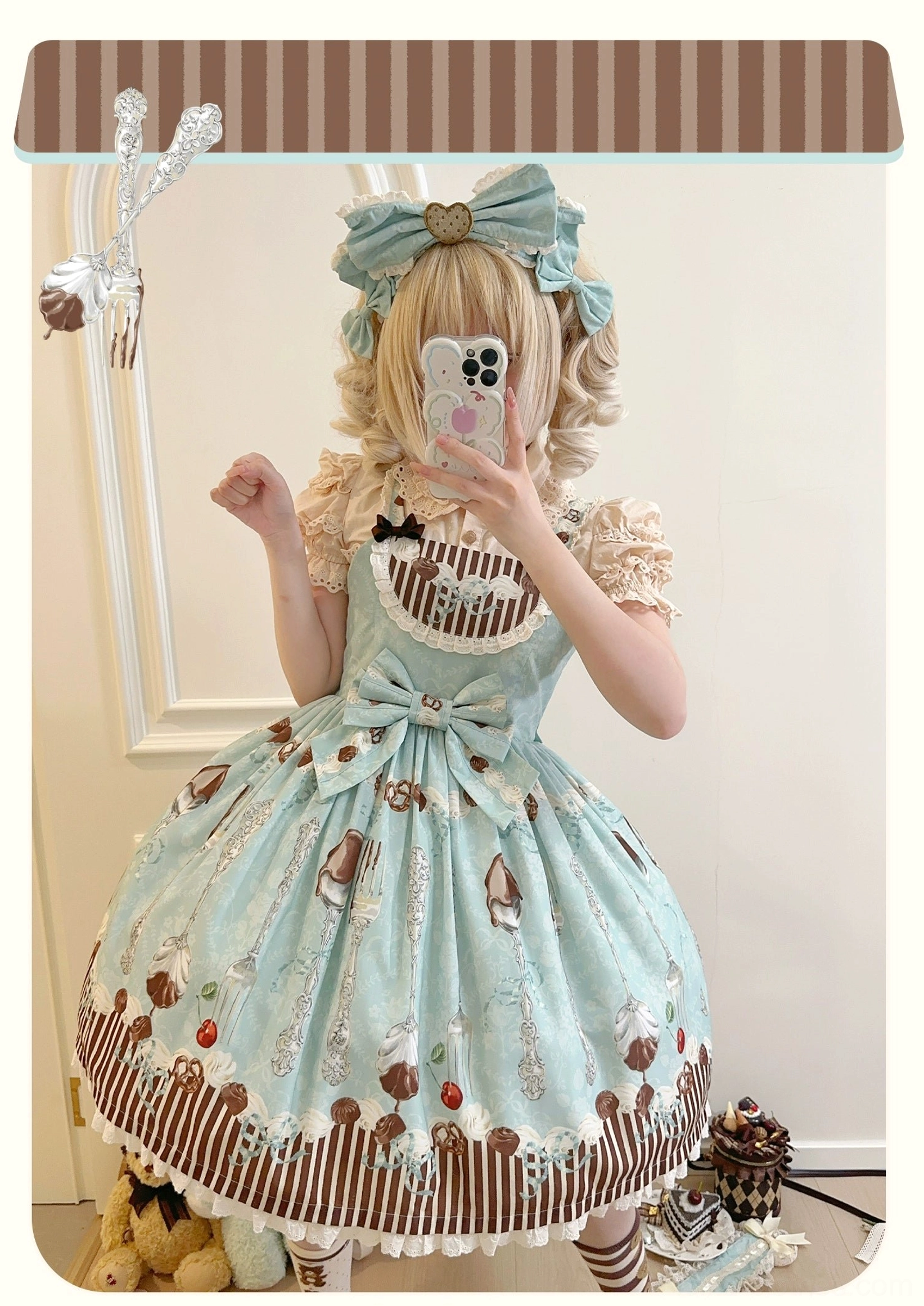 green dessert lolita jumper dress oversized head bow full body mirror selfie home plush toy decorations