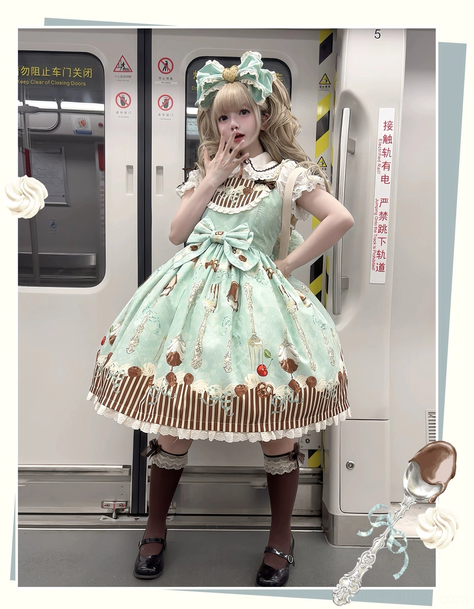 green dessert lolita jumper dress with hair bow full body three quarter front subway train background